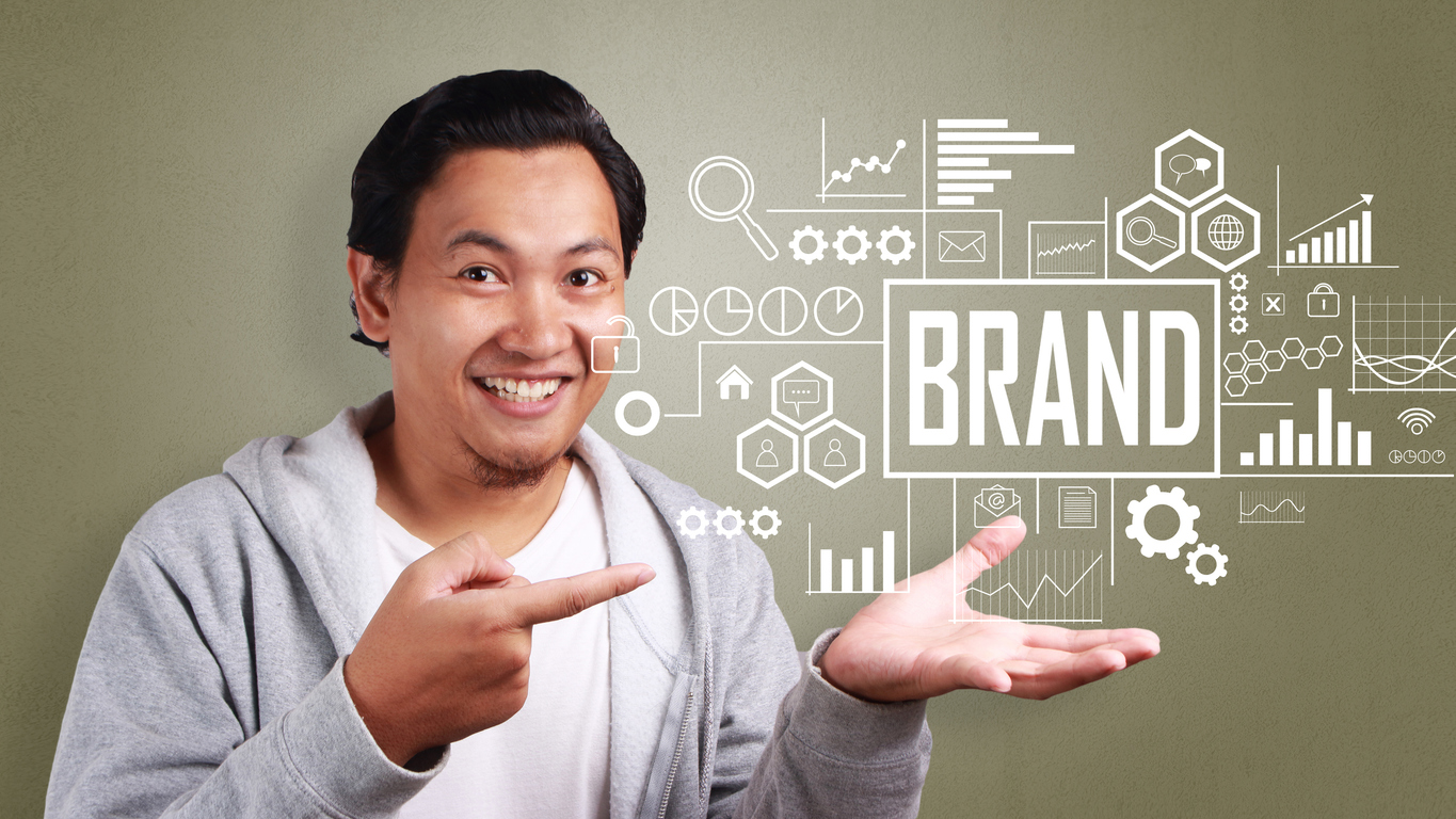 Business Concept. Businessman shows Brand words on virtual screen. Modern Text typography design